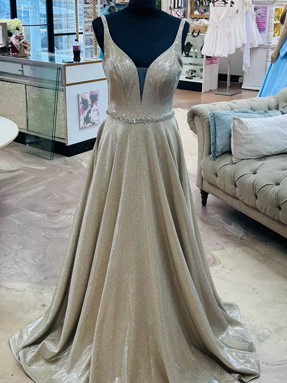 Jovani Gold Glitter A-Line Evening Gown with Beaded Waist